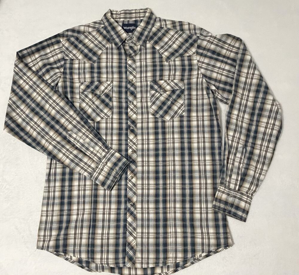 Vintage Wrangler Pearl Snap Western Shirt Long Sleeve Plaid Button Up Sz XL Tall